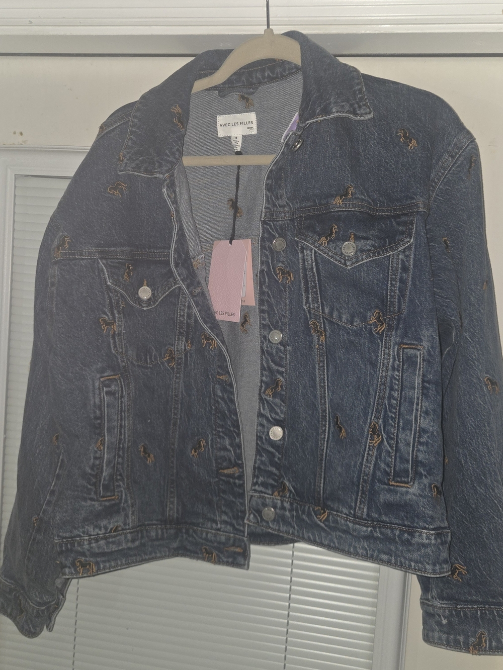 Avec Les Filles Dark Blue Denim Jacket with Embroidered Horse Accents